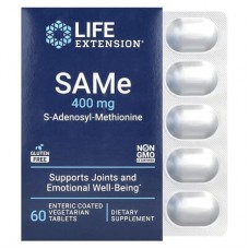 Life Extension, SAMe, S-аденозилметіонін, 400 мг, 60 вегетаріанських таблеток, вкритих кишковорозчинною оболонкою